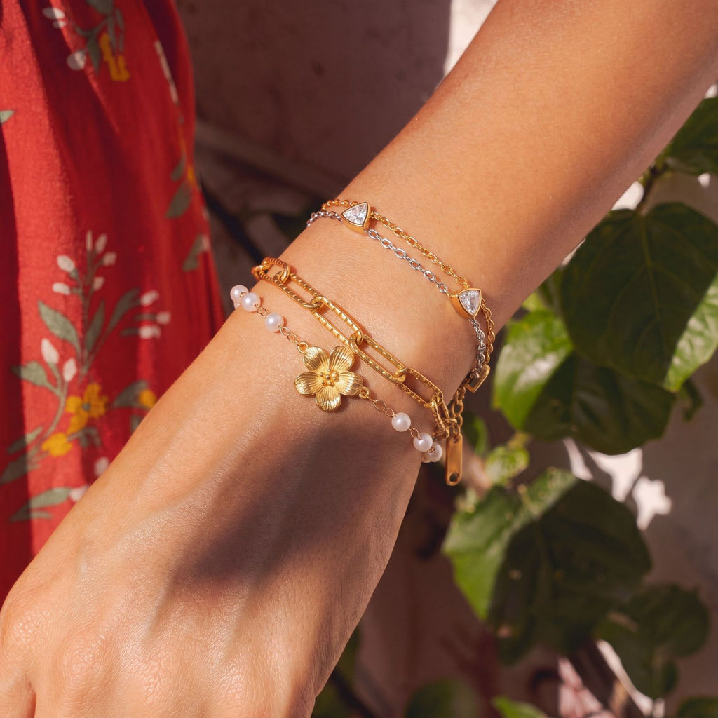 New Double-Layer Titanium Steel Bracelet | Heart Triangle Zirconia & Floral Design | 18K Gold Vacuum Plated Colour-Lasting