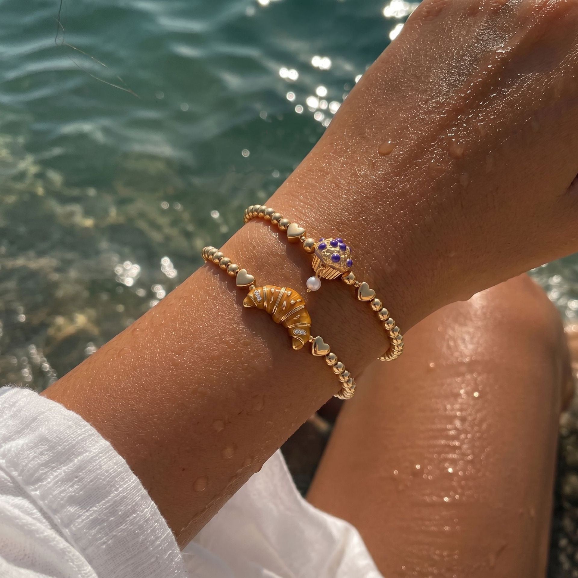 Trendy Food-Themed Elastic Bracelet | Macaron & Cookie Charms | Eco-Friendly 18K Gold Plated Colour-Lasting