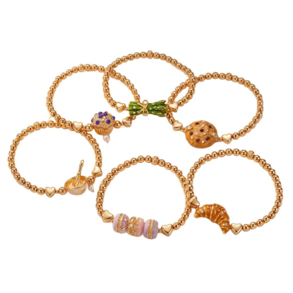 Trendy Food-Themed Elastic Bracelet | Macaron & Cookie Charms | Eco-Friendly 18K Gold Plated Colour-Lasting