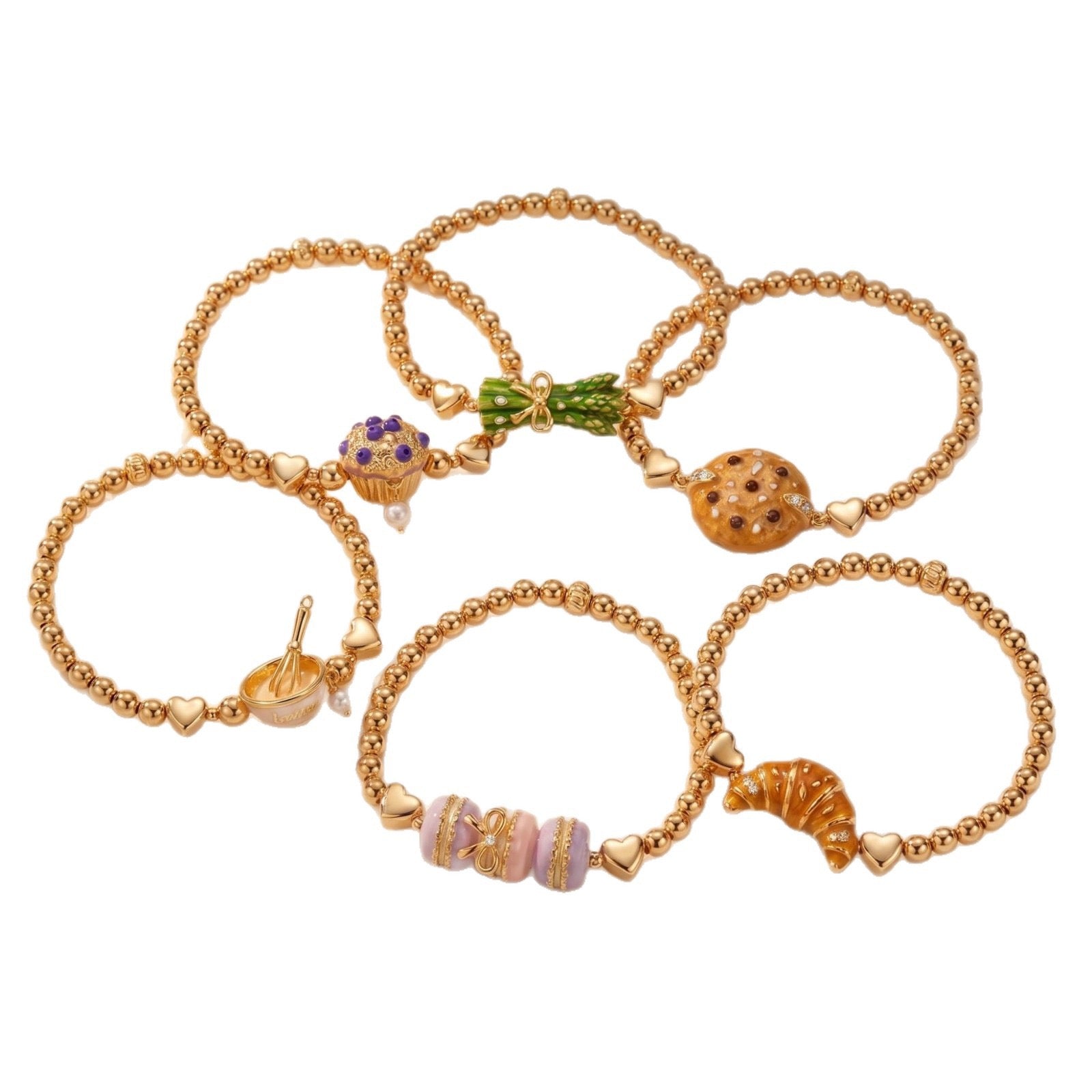 Trendy Food-Themed Elastic Bracelet | Macaron & Cookie Charms | Eco-Friendly 18K Gold Plated Colour-Lasting