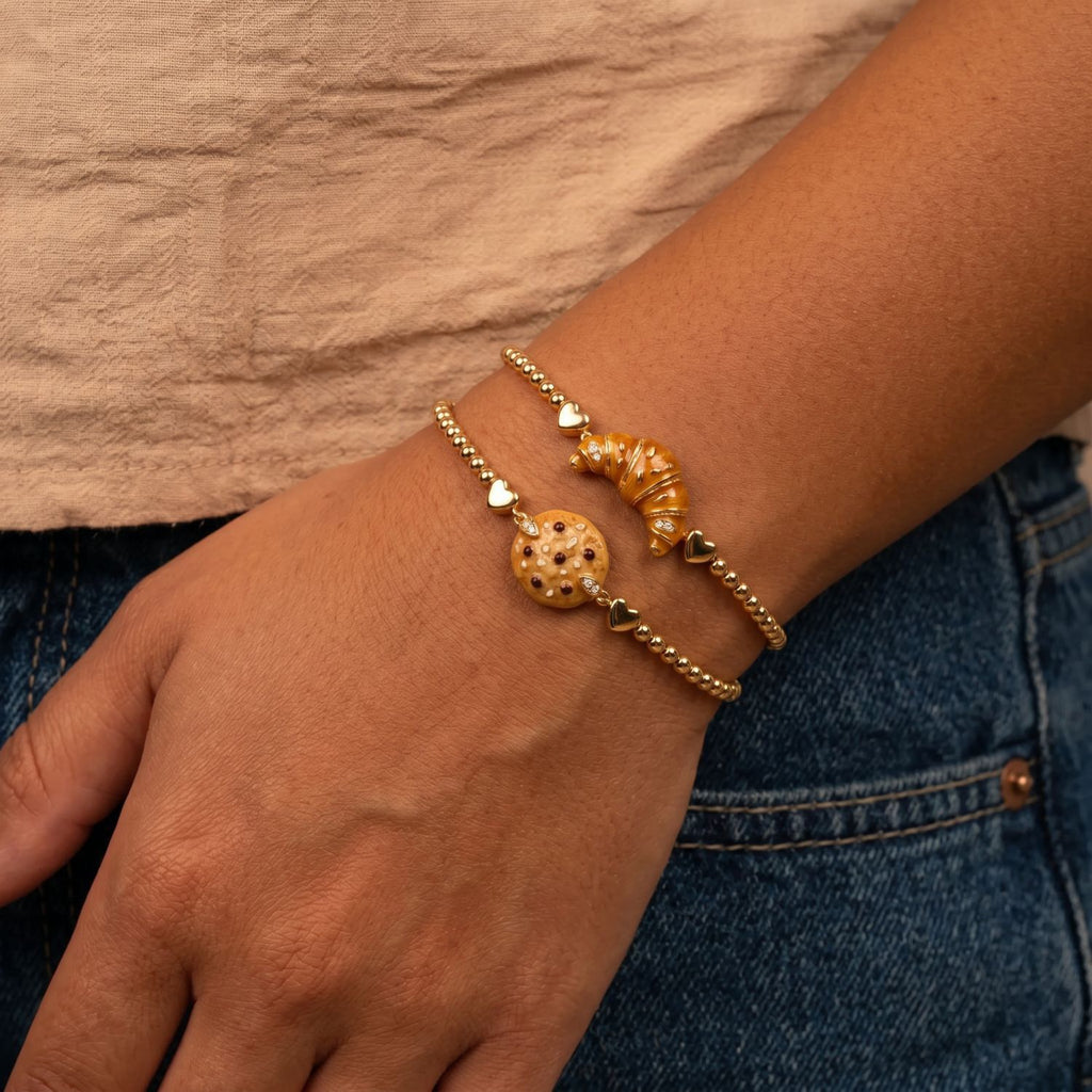 Trendy Food-Themed Elastic Bracelet | Macaron & Cookie Charms | Eco-Friendly 18K Gold Plated Colour-Lasting