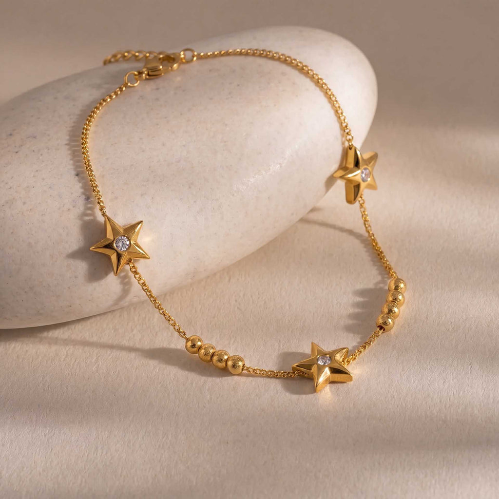New Titanium Steel Bracelet | Oval & Heart Crystal Star Knotted Rope | 18K Gold Vacuum Plated Colour-Lasting