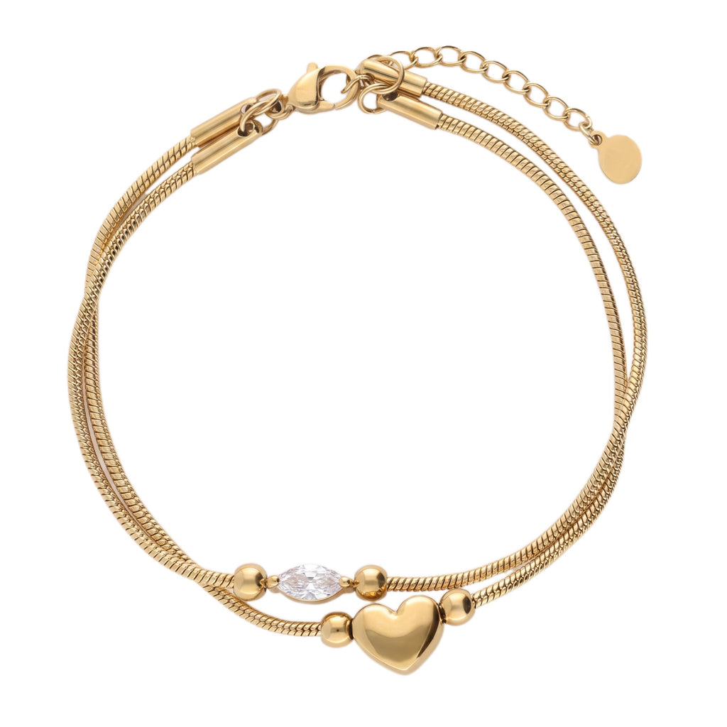 Gold Layered Dainty Bracelet – Heart, Sun, Knot & Pearl Zirconia