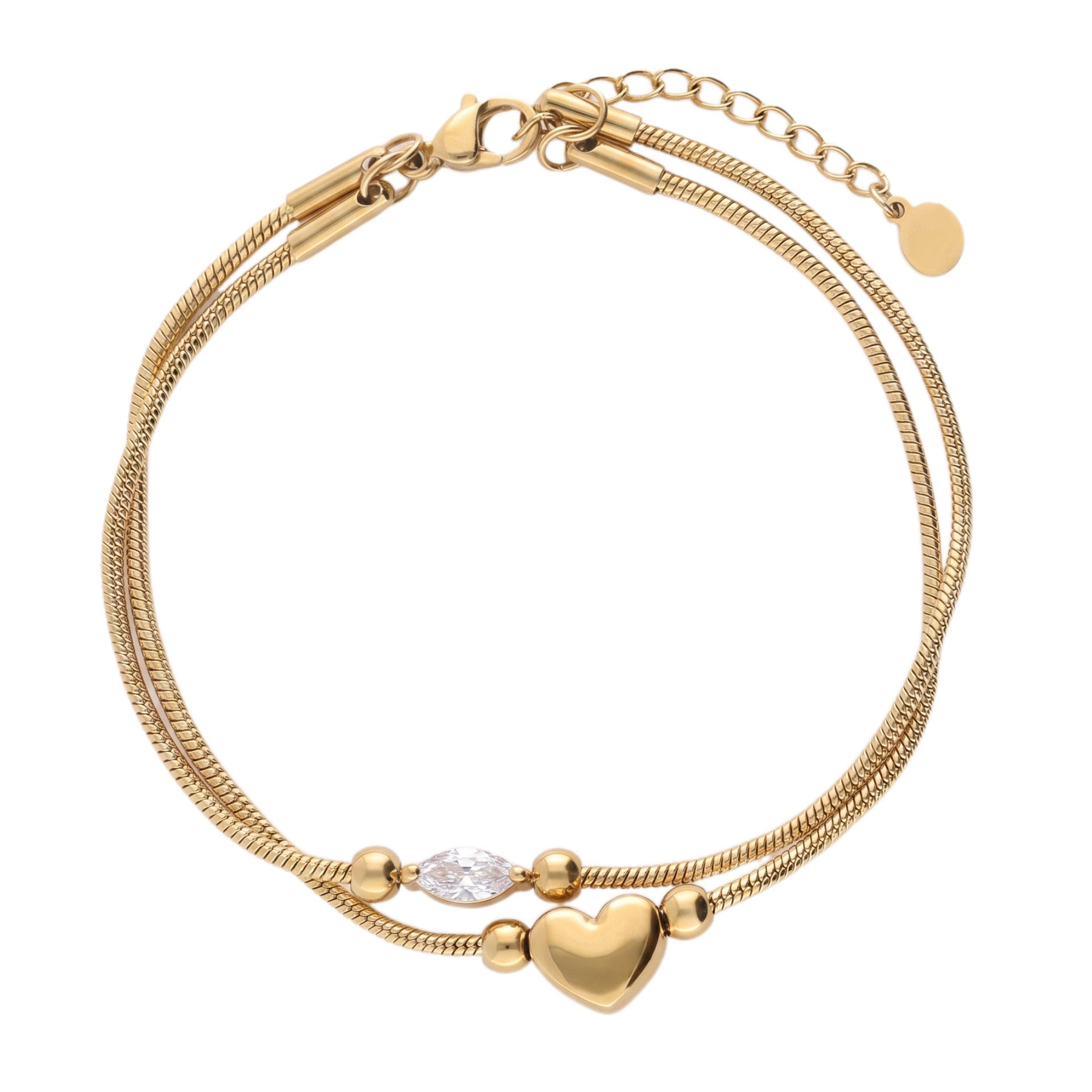 Gold Layered Dainty Bracelet – Heart, Sun, Knot & Pearl Zirconia