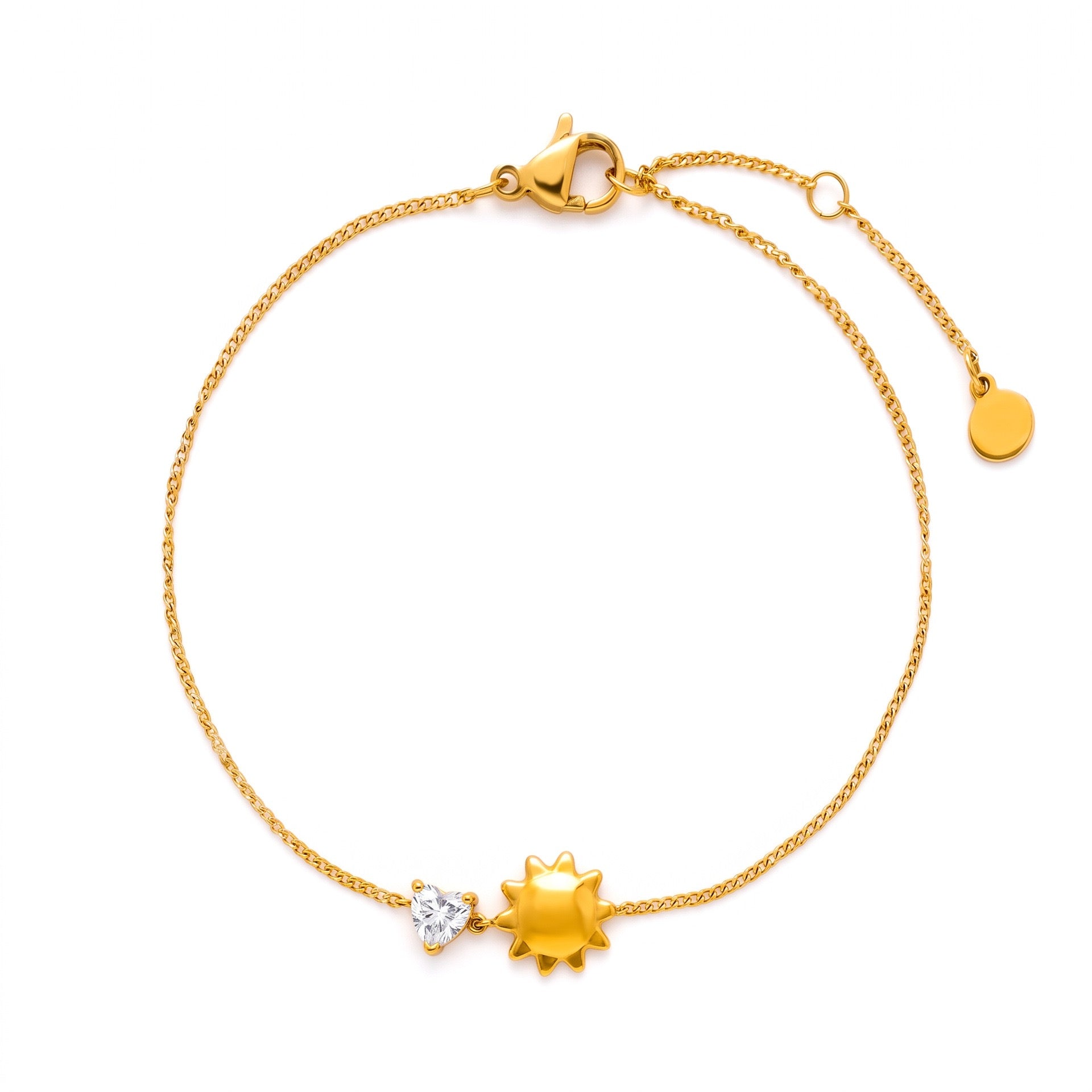 Gold Layered Dainty Bracelet – Heart, Sun, Knot & Pearl Zirconia