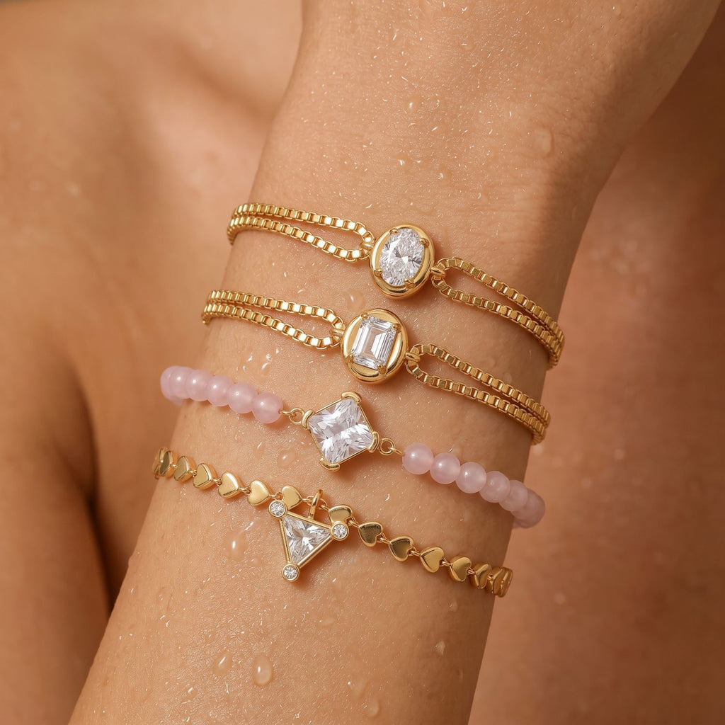 Luxury Gold-Plated Women’s Heart Chain Bracelet – Pink Jade Pearl, Double Snake Chain & Diamond Accents