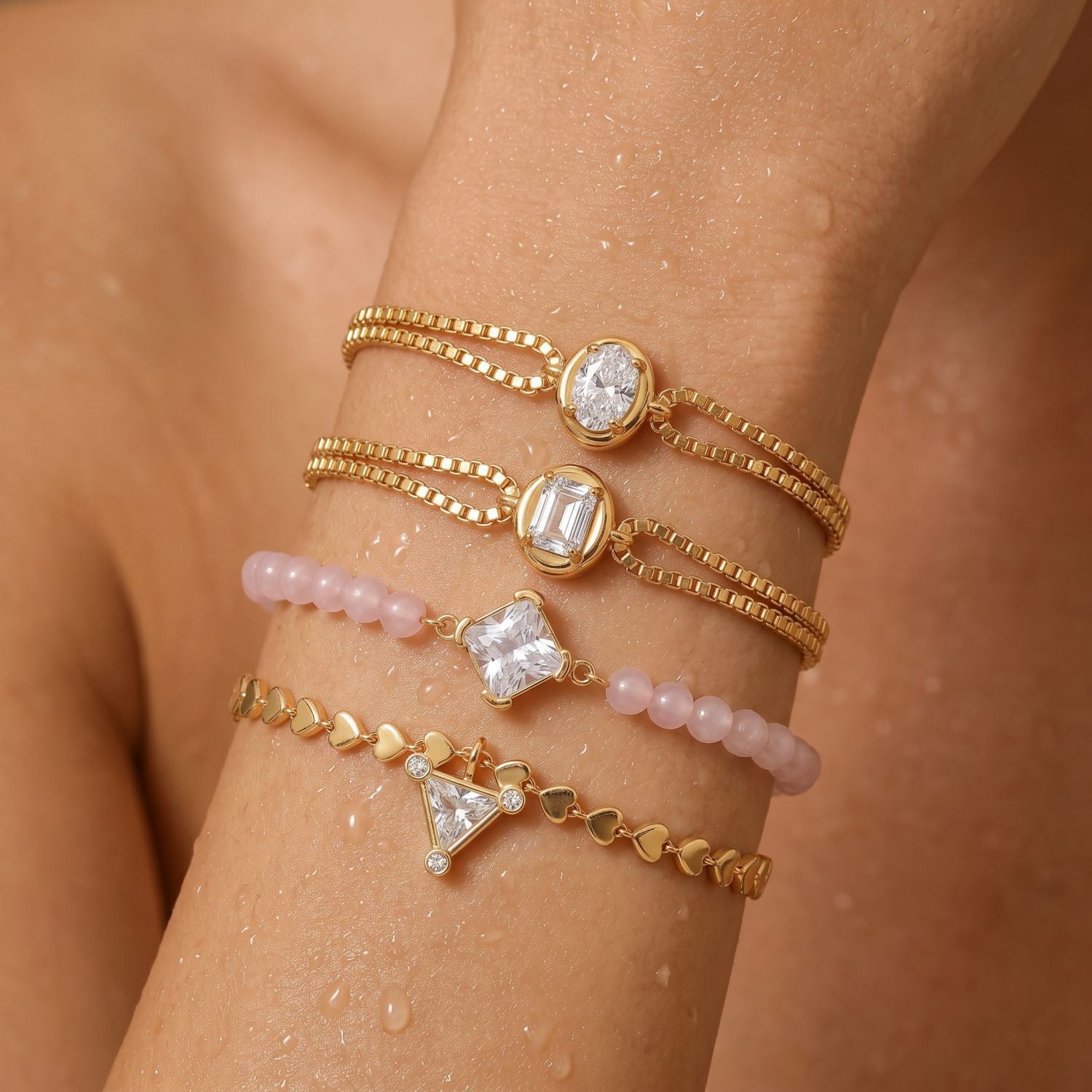 Luxury Gold-Plated Women’s Heart Chain Bracelet – Pink Jade Pearl, Double Snake Chain & Diamond Accents