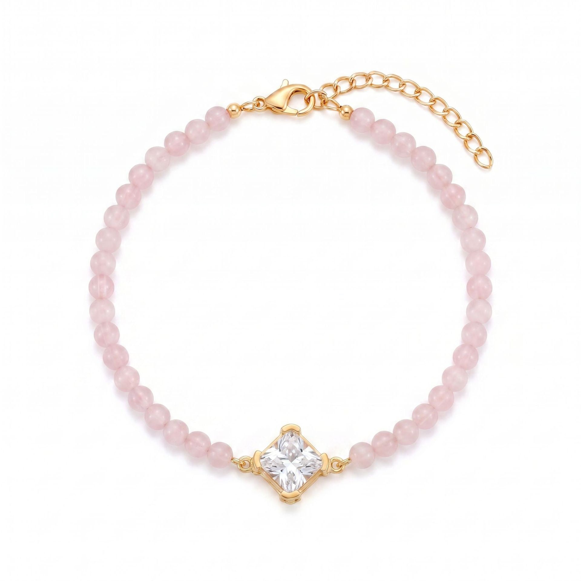 Luxury Gold-Plated Women’s Heart Chain Bracelet – Pink Jade Pearl, Double Snake Chain & Diamond Accents