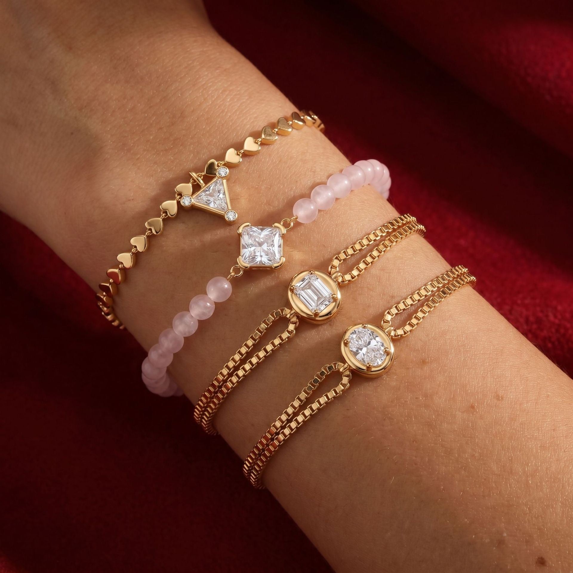 Luxury Gold-Plated Women’s Heart Chain Bracelet – Pink Jade Pearl, Double Snake Chain & Diamond Accents