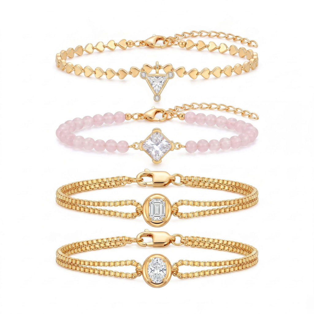Luxury Gold-Plated Women’s Heart Chain Bracelet – Pink Jade Pearl, Double Snake Chain & Diamond Accents