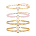 Luxury Gold-Plated Women’s Heart Chain Bracelet – Pink Jade Pearl, Double Snake Chain & Diamond Accents - UMI