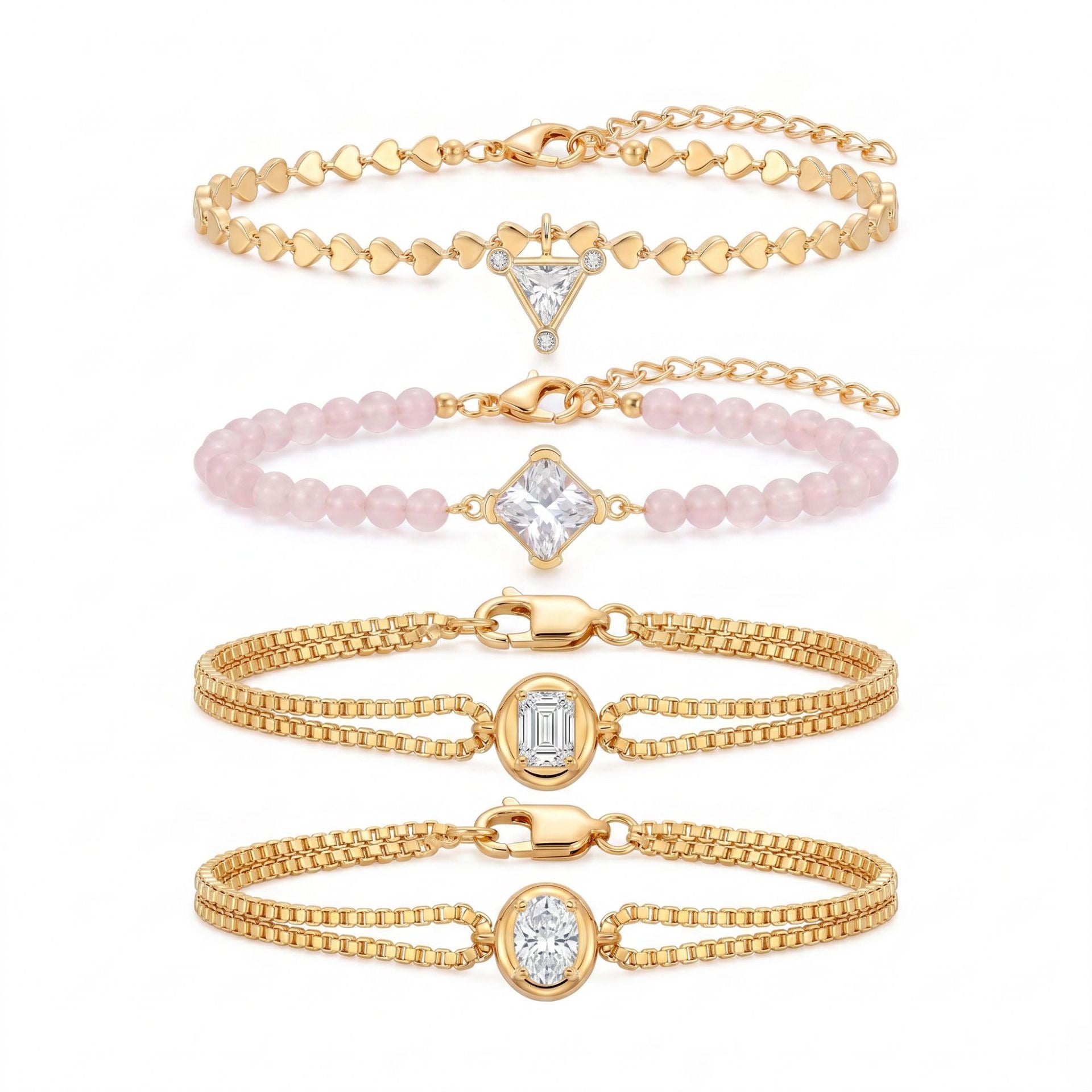 Luxury Gold-Plated Women’s Heart Chain Bracelet – Pink Jade Pearl, Double Snake Chain & Diamond Accents
