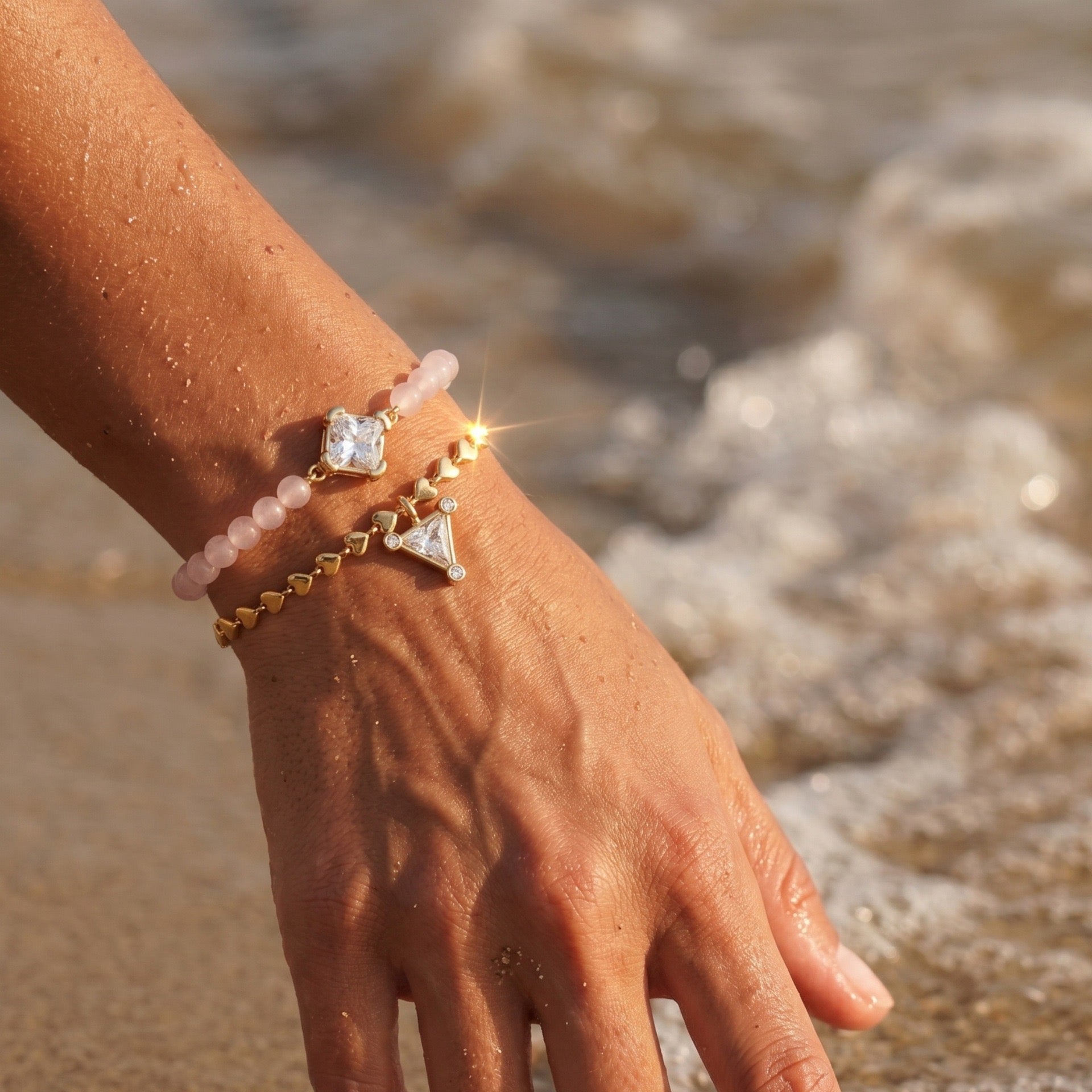 Luxury Gold-Plated Women’s Heart Chain Bracelet – Pink Jade Pearl, Double Snake Chain & Diamond Accents
