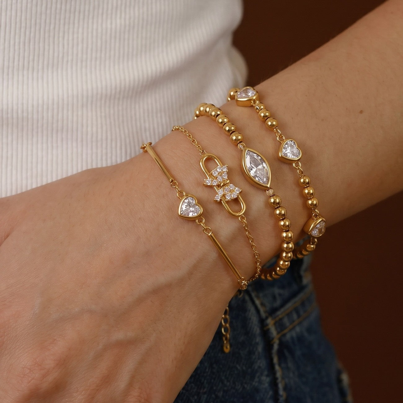 Gold Heart Bow & Marquise Diamond Bracelet – Multi-Style | Titanium Steel