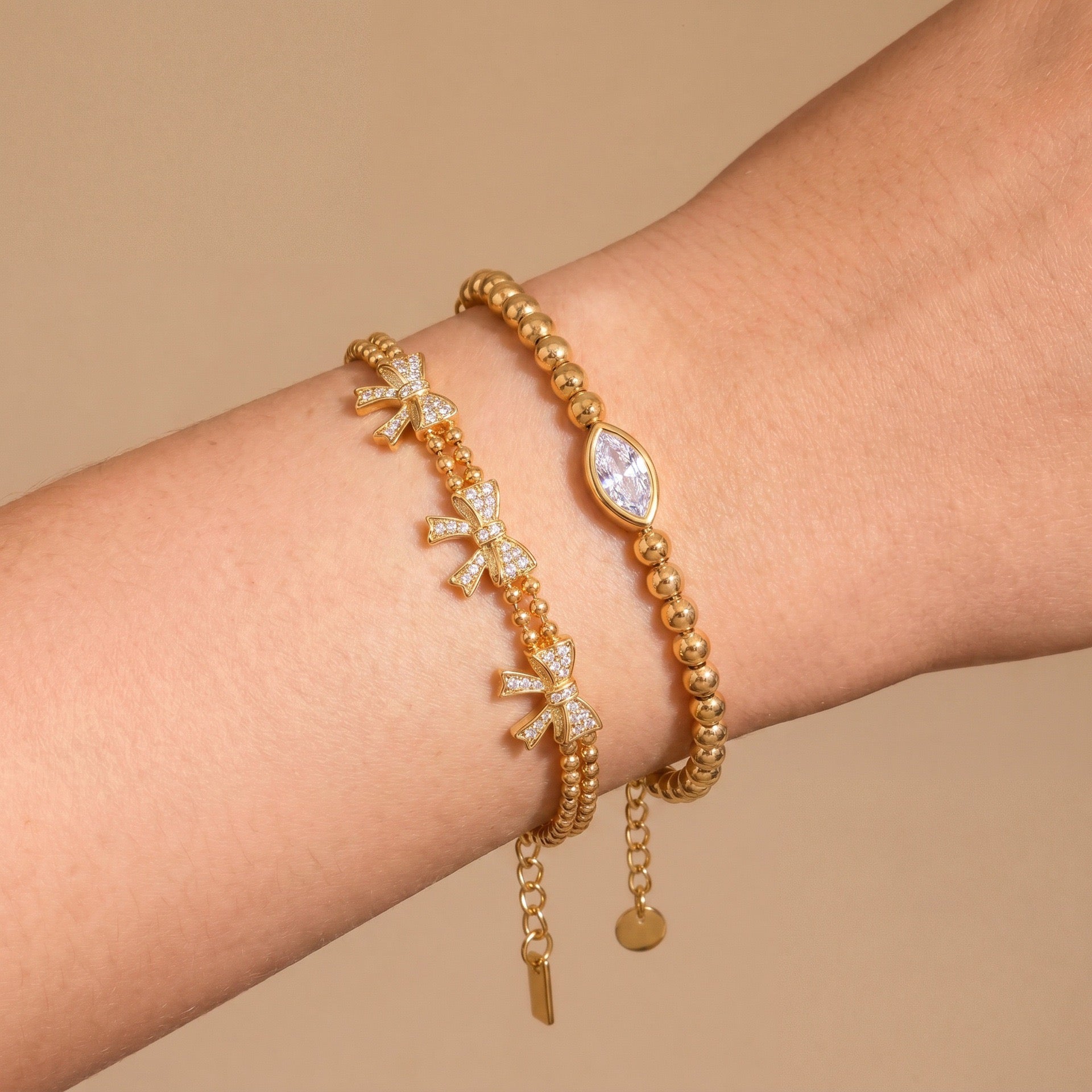Gold Heart Bow & Marquise Diamond Bracelet – Multi-Style | Titanium Steel