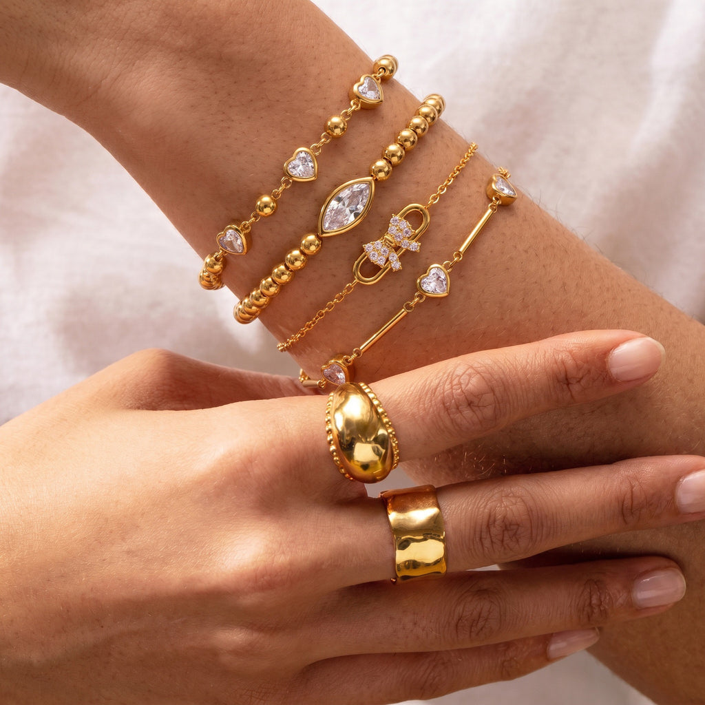 Gold Heart Bow & Marquise Diamond Bracelet – Multi-Style | Titanium Steel