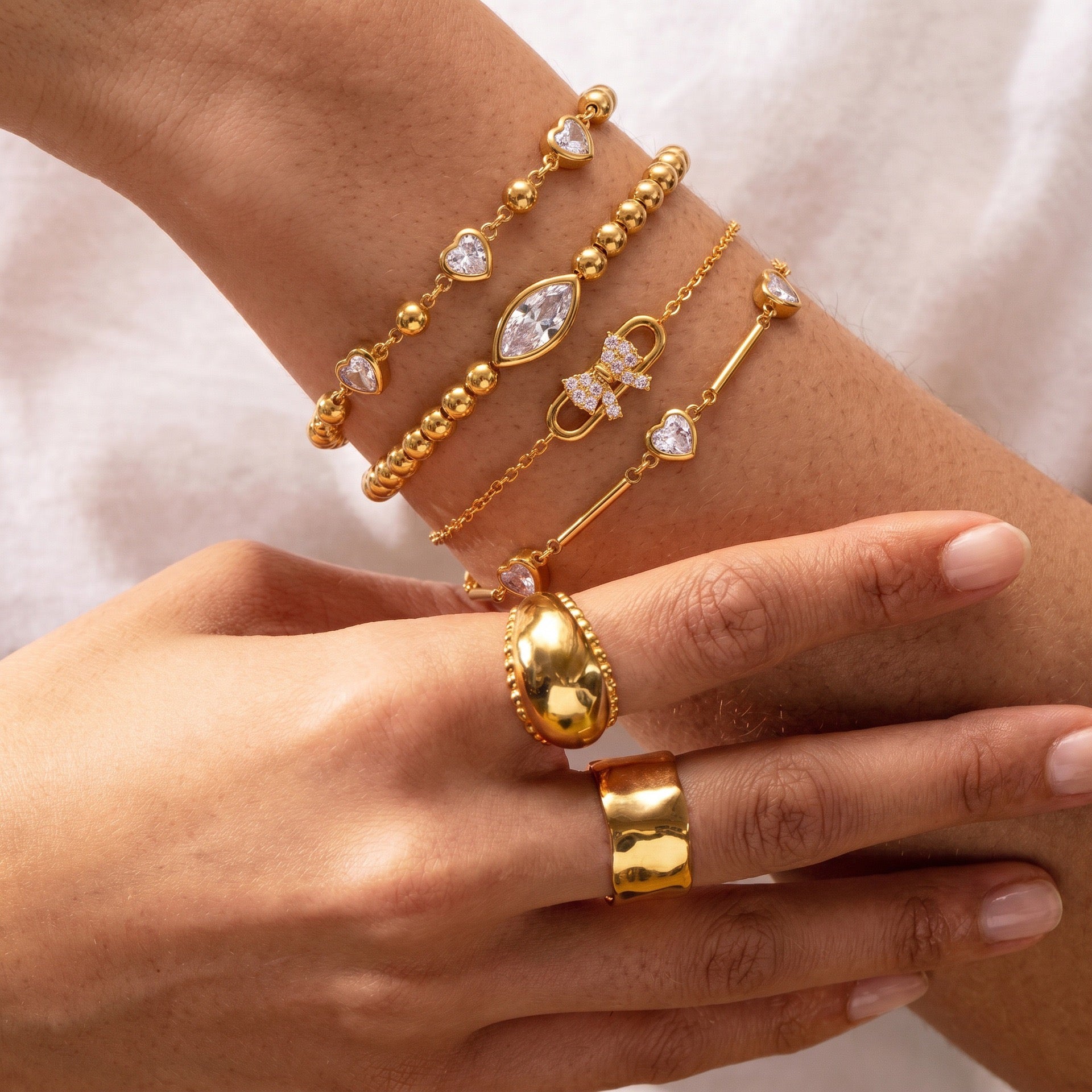 Gold Heart Bow & Marquise Diamond Bracelet – Multi-Style | Titanium Steel