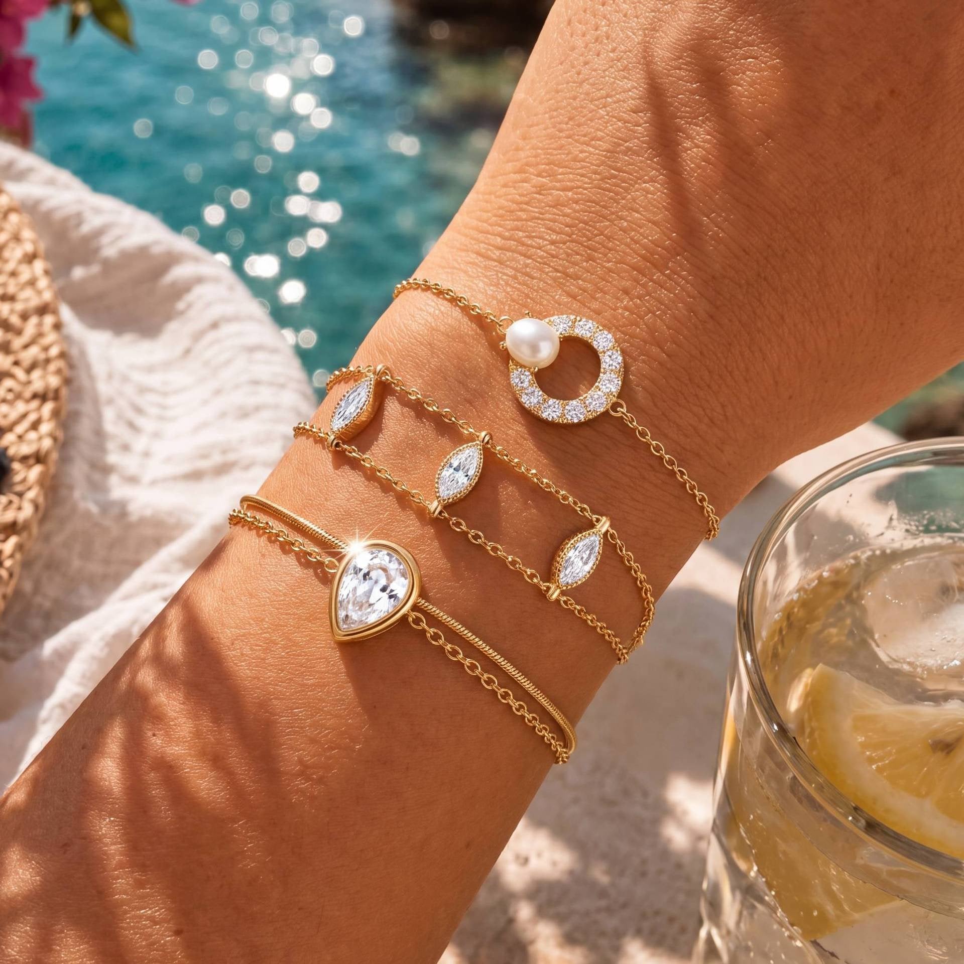 Luxury Gold Dainty Bracelet – Pearl, Triple Layer Marquise Diamond, Double Snake Chain & Teardrop