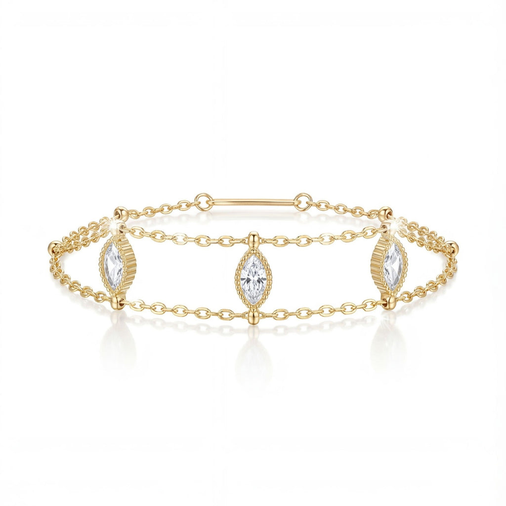 Luxury Gold Dainty Bracelet – Pearl, Triple Layer Marquise Diamond, Double Snake Chain & Teardrop