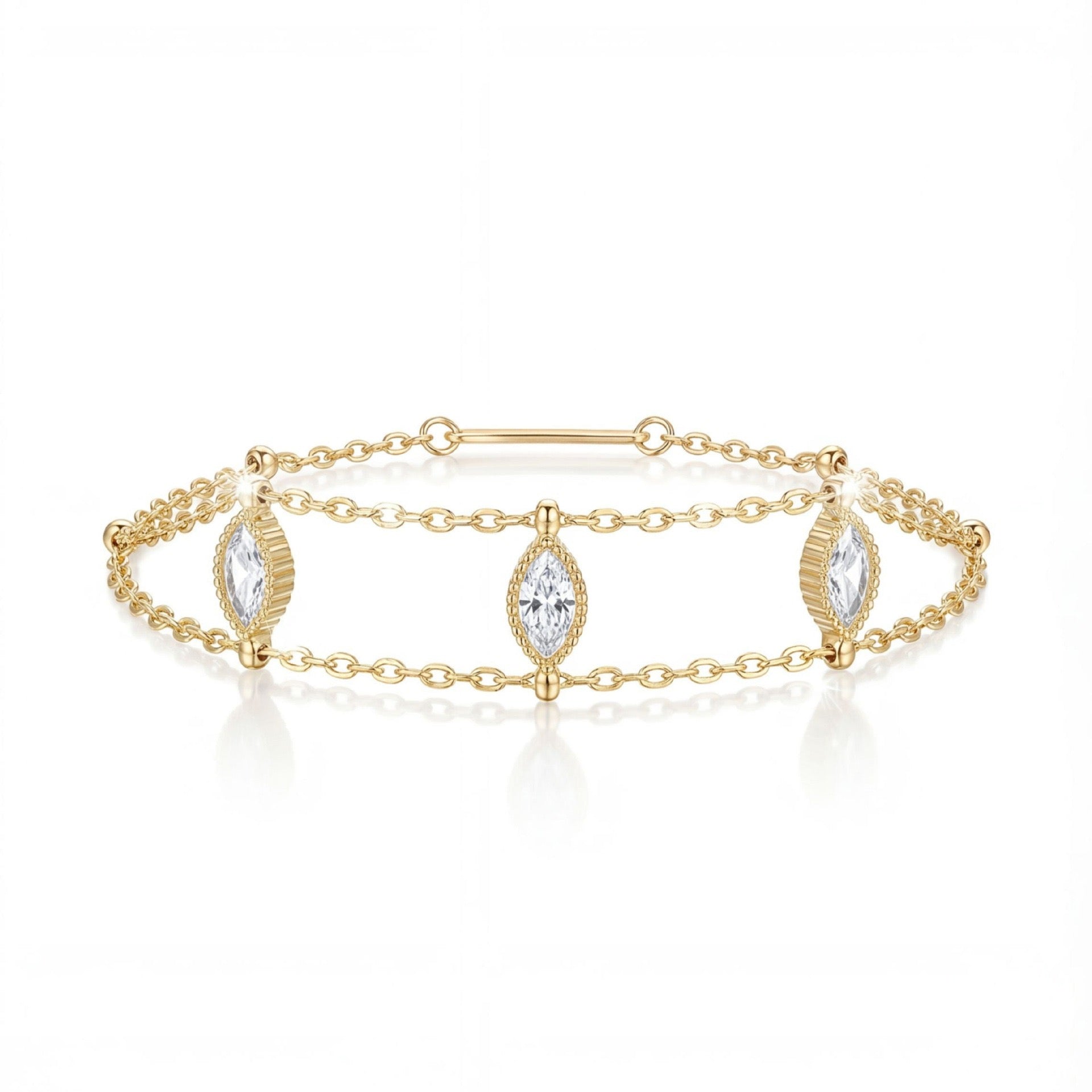 Luxury Gold Dainty Bracelet – Pearl, Triple Layer Marquise Diamond, Double Snake Chain & Teardrop