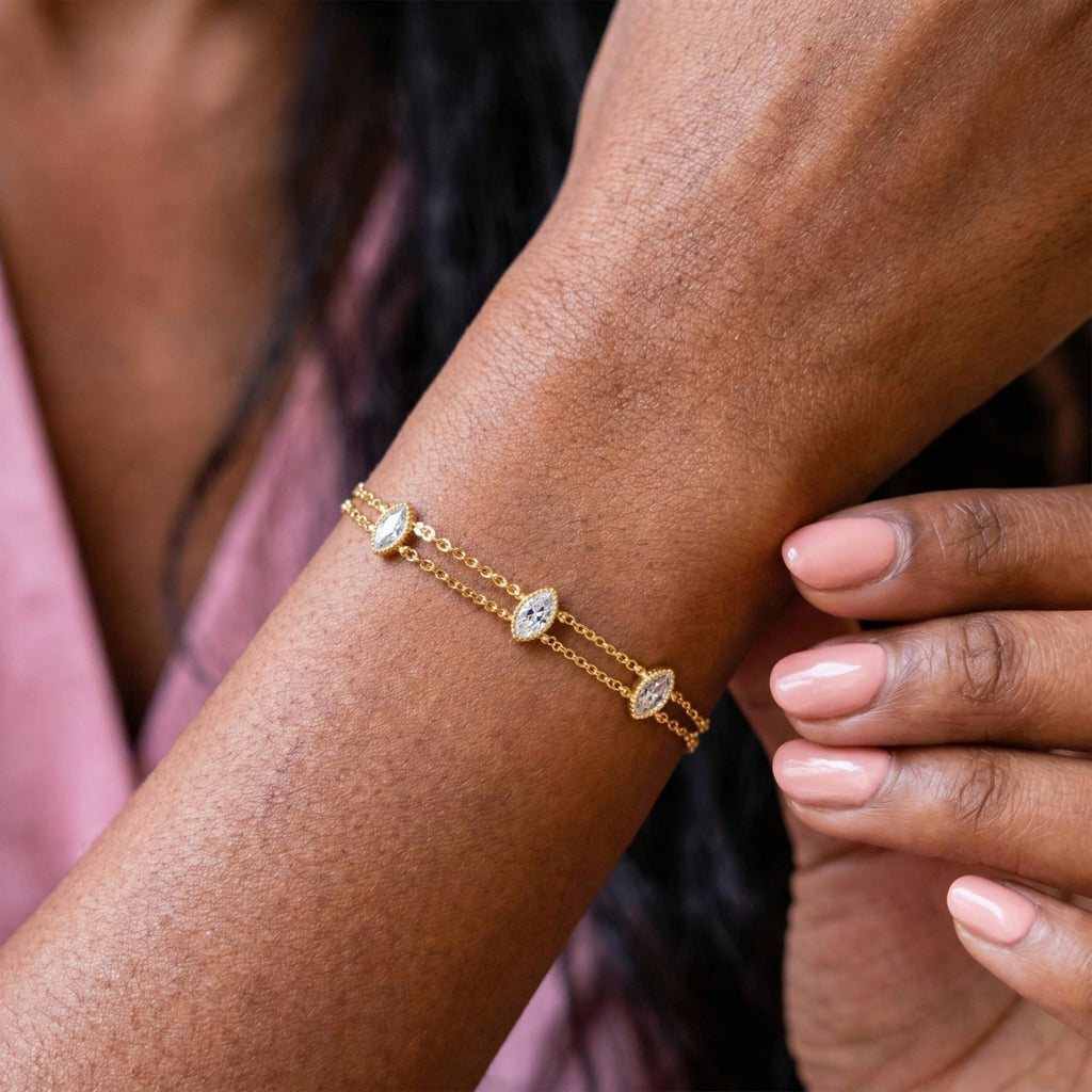Luxury Gold Dainty Bracelet – Pearl, Triple Layer Marquise Diamond, Double Snake Chain & Teardrop