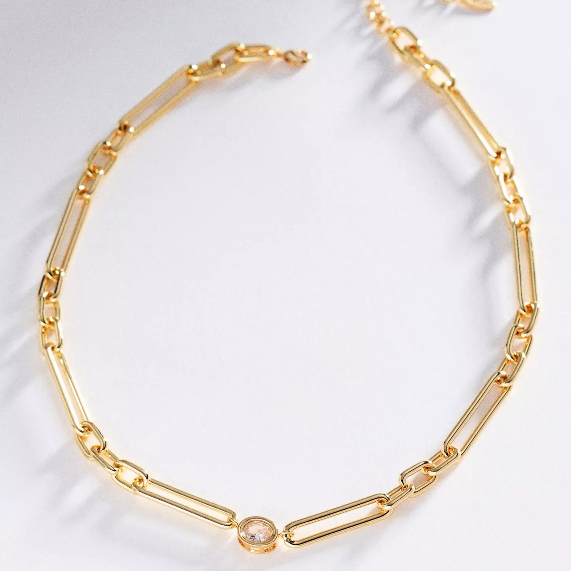 French Luxe Gold Crystal Pearl Zirconia Dainty Bracelet – Paperclip Chain | Tarnish-Resistant