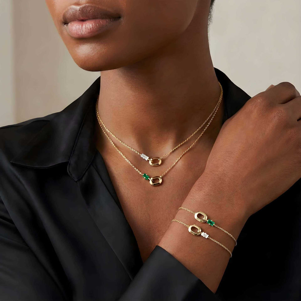 Emerald Gemstone Pendant Necklace & Bracelet – Minimalist Titanium Steel | New Arrival