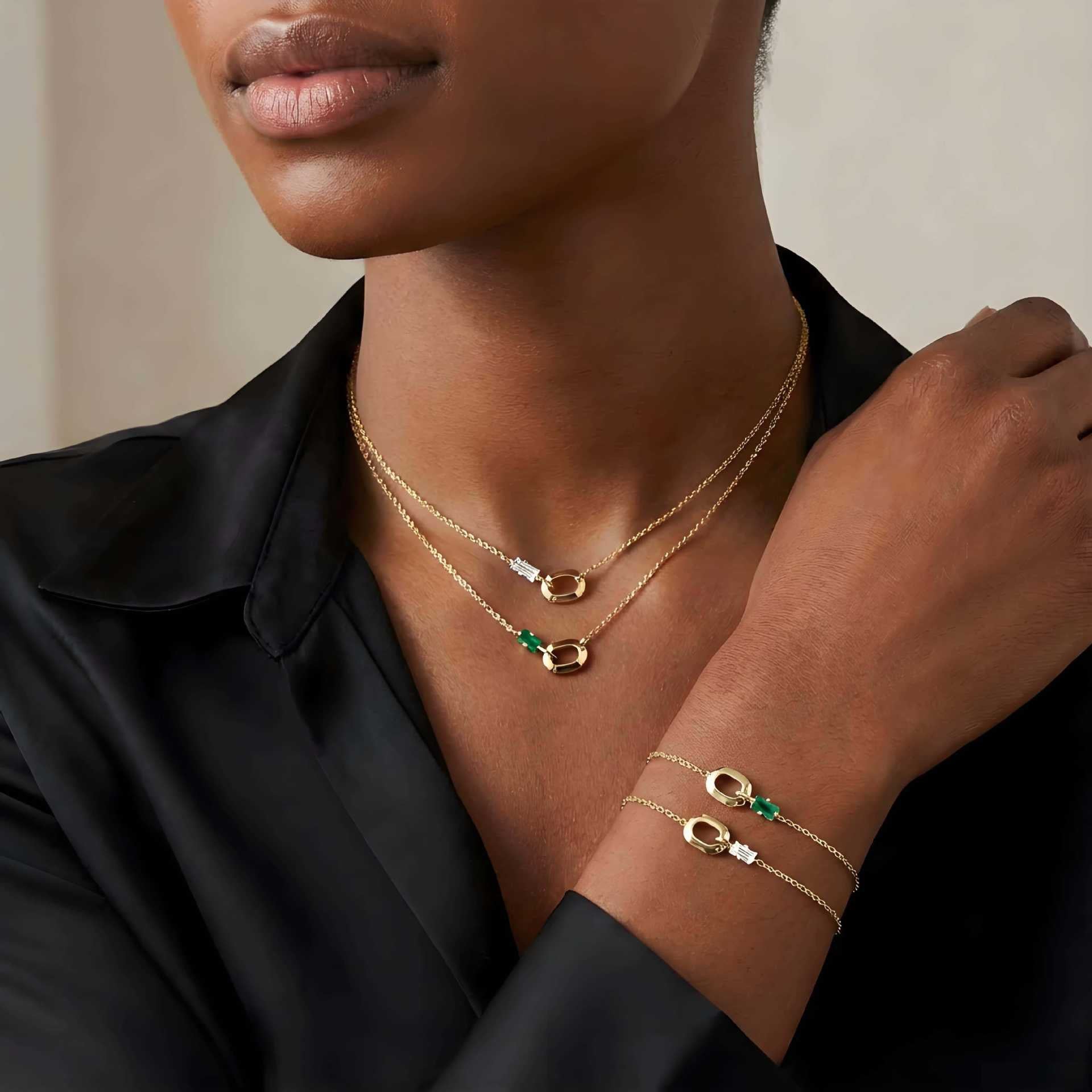 Emerald Gemstone Pendant Necklace & Bracelet – Minimalist Titanium Steel | New Arrival