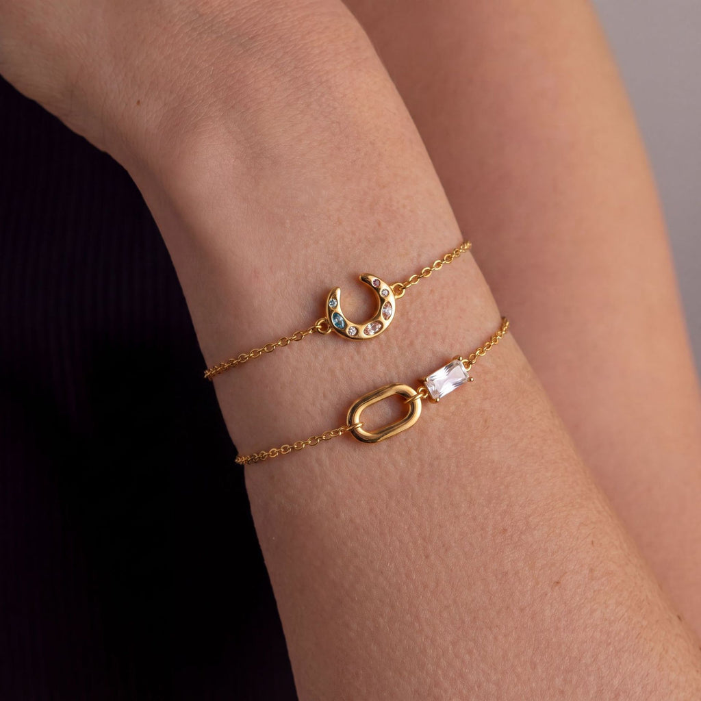 Coloured Diamond Moon Teardrop Cuban Chain Bracelet – Stackable | Gold-Plated Tarnish-Resistant