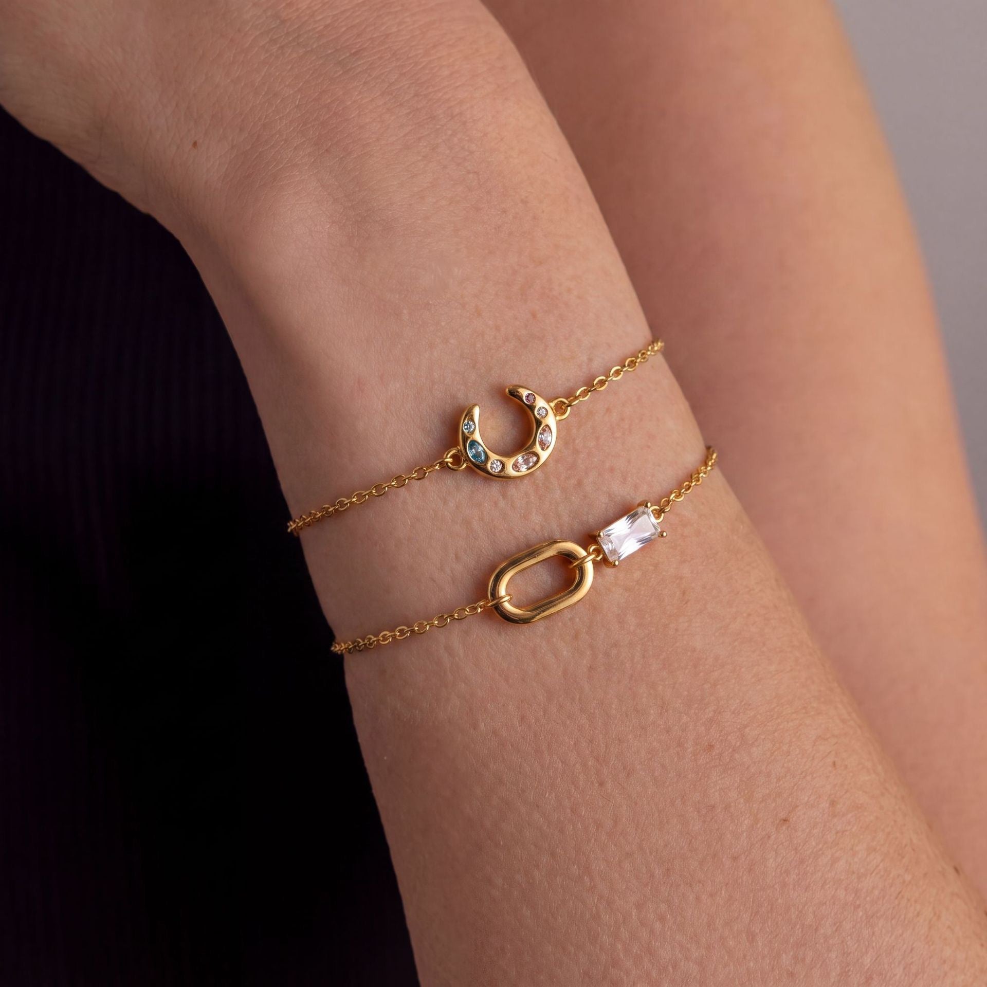 Coloured Diamond Moon Teardrop Cuban Chain Bracelet – Stackable | Gold-Plated Tarnish-Resistant