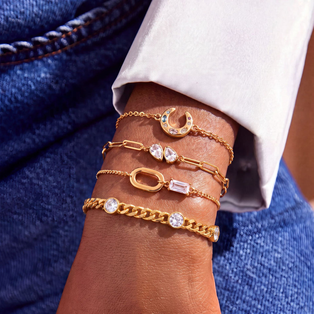 Coloured Diamond Moon Teardrop Cuban Chain Bracelet – Stackable | Gold-Plated Tarnish-Resistant
