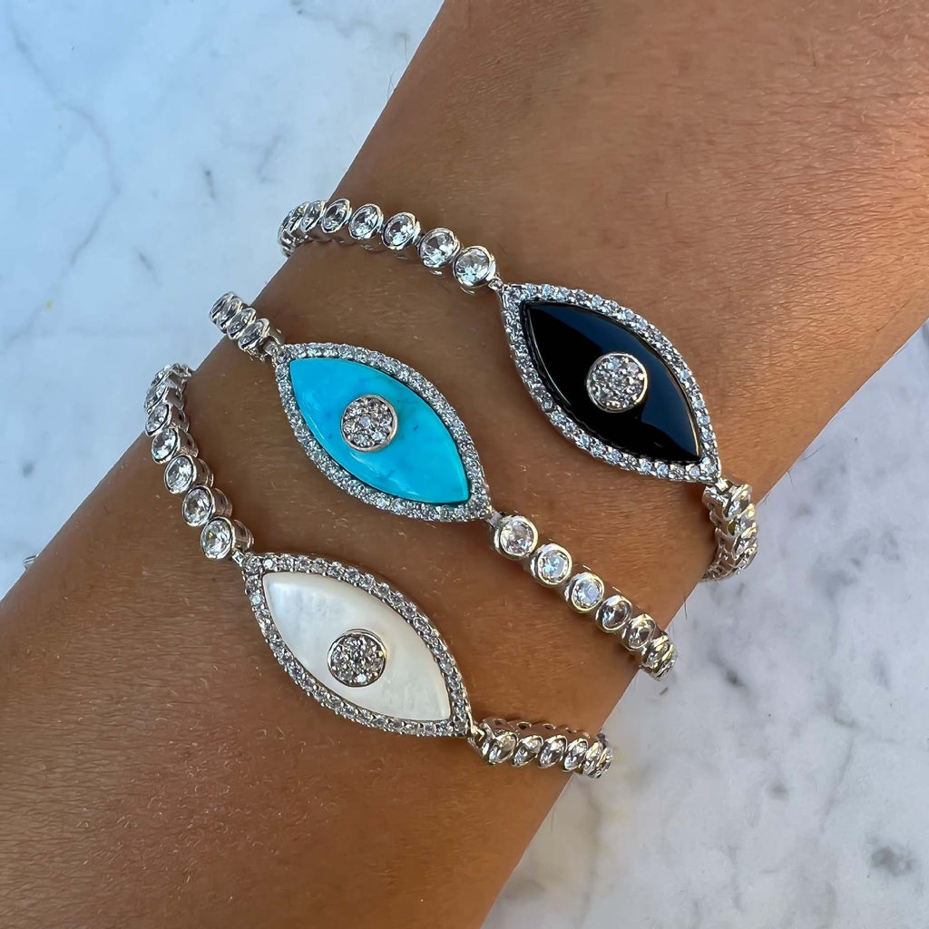 Evil Eye Zirconia Pendant Necklace & Bracelet – 18K Gold-Plated | Tarnish-Resistant