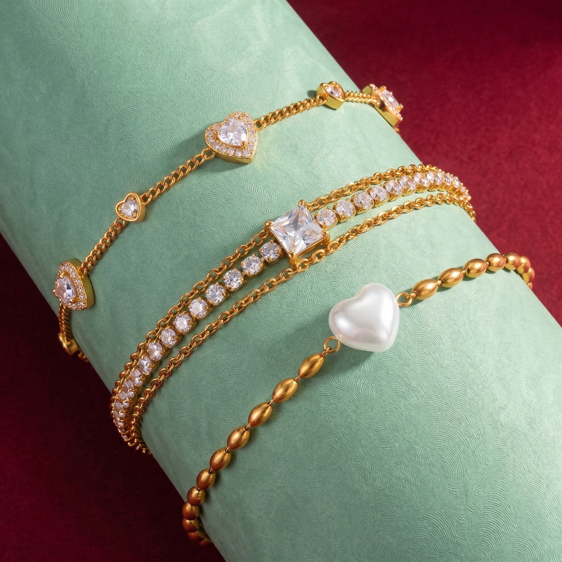 Gold-Plated Double Layer Cuban Heart Diamond Shell Pearl Bracelet – Multi-Style | Tarnish-Resistant