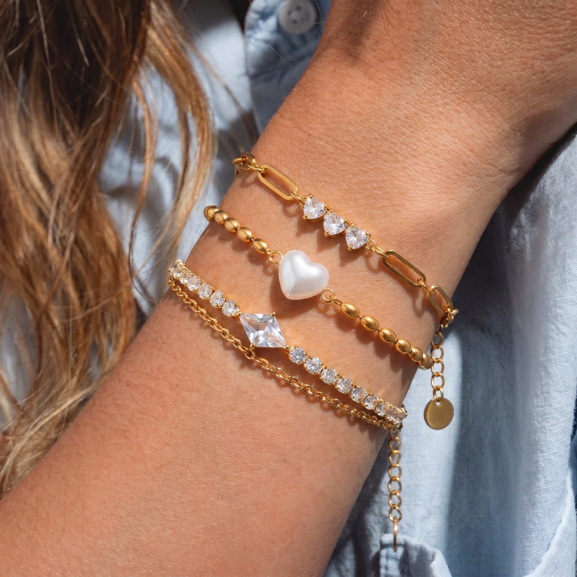 Gold-Plated Double Layer Cuban Heart Diamond Shell Pearl Bracelet – Multi-Style | Tarnish-Resistant