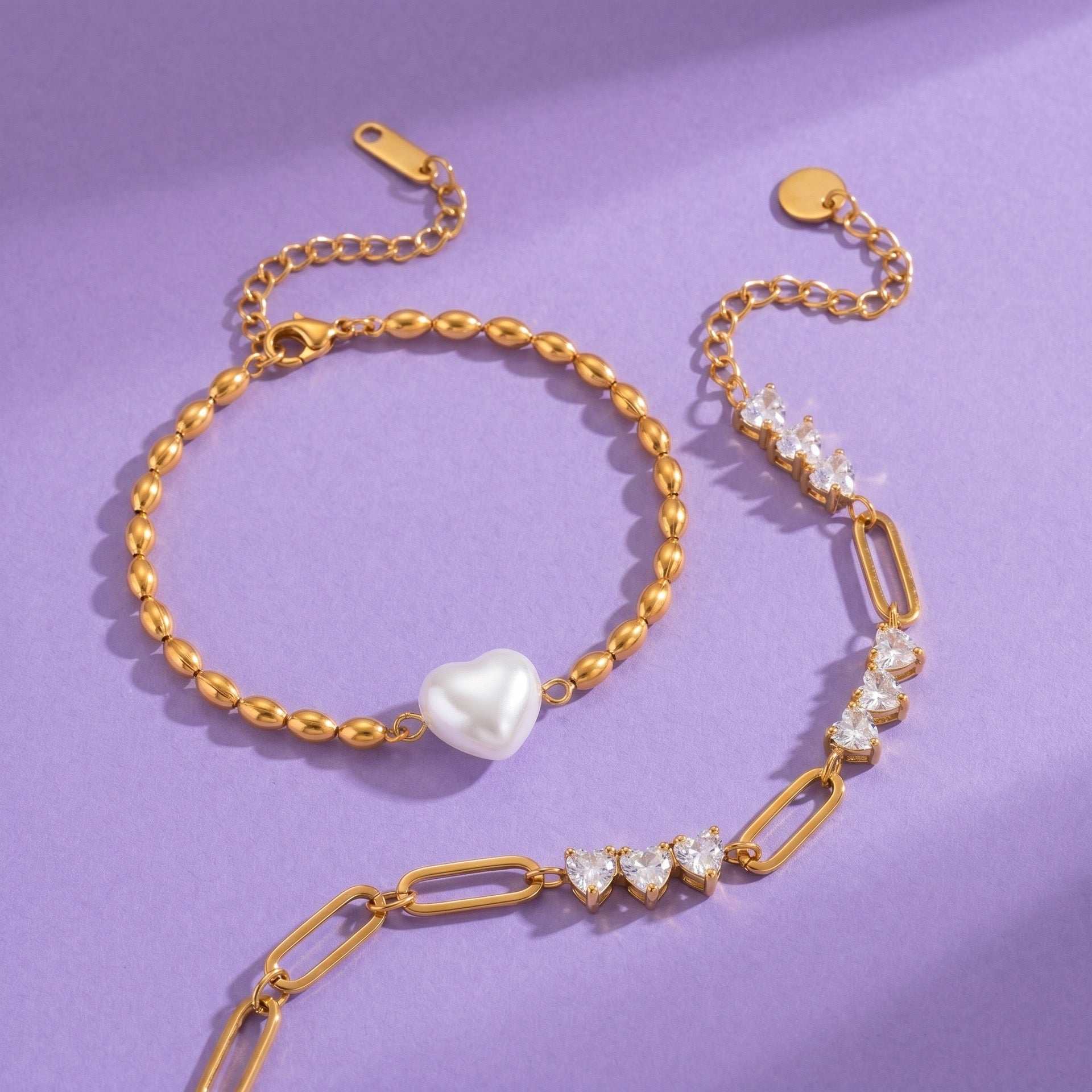 Gold-Plated Double Layer Cuban Heart Diamond Shell Pearl Bracelet – Multi-Style | Tarnish-Resistant
