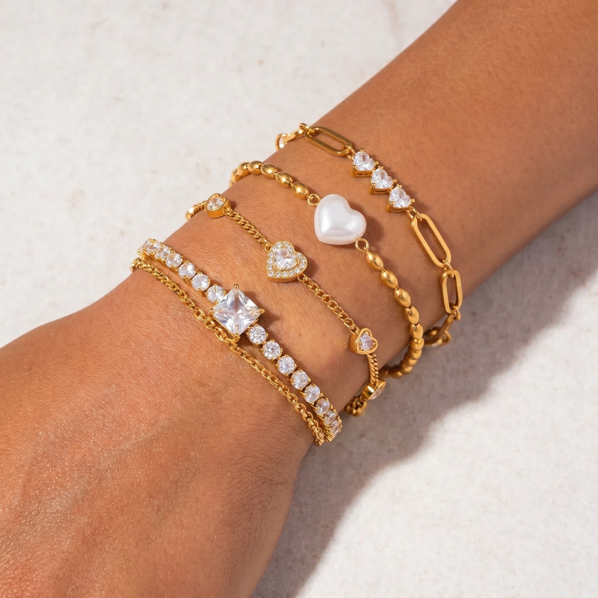 Gold-Plated Double Layer Cuban Heart Diamond Shell Pearl Bracelet – Multi-Style | Tarnish-Resistant