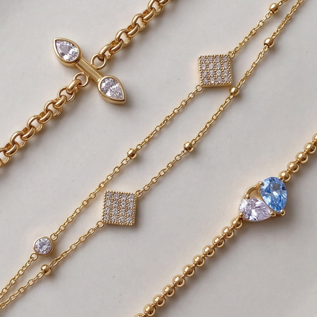 Gold-Plated Multi-Style Bracelet – Cuban Chain, Double Layer, Ball Chain & Zirconia | Titanium Steel