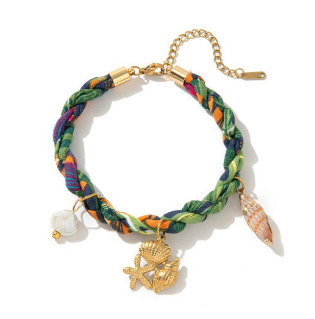 Hollow Heart Bee Pink Flower Conch Shell Woven Bracelet – Gold-Plated | Beach Holiday Stackable