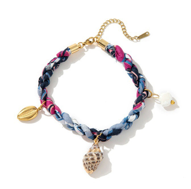 Hollow Heart Bee Pink Flower Conch Shell Woven Bracelet – Gold-Plated | Beach Holiday Stackable