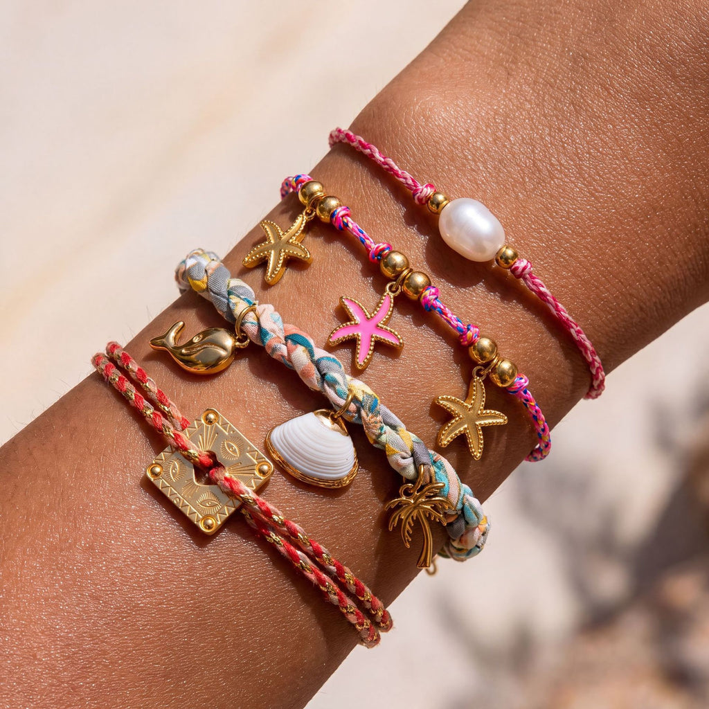 Starfish Dolphin Shell Palm Tree Pearl Woven Cord Bracelet – Gold-Plated | Resort Style