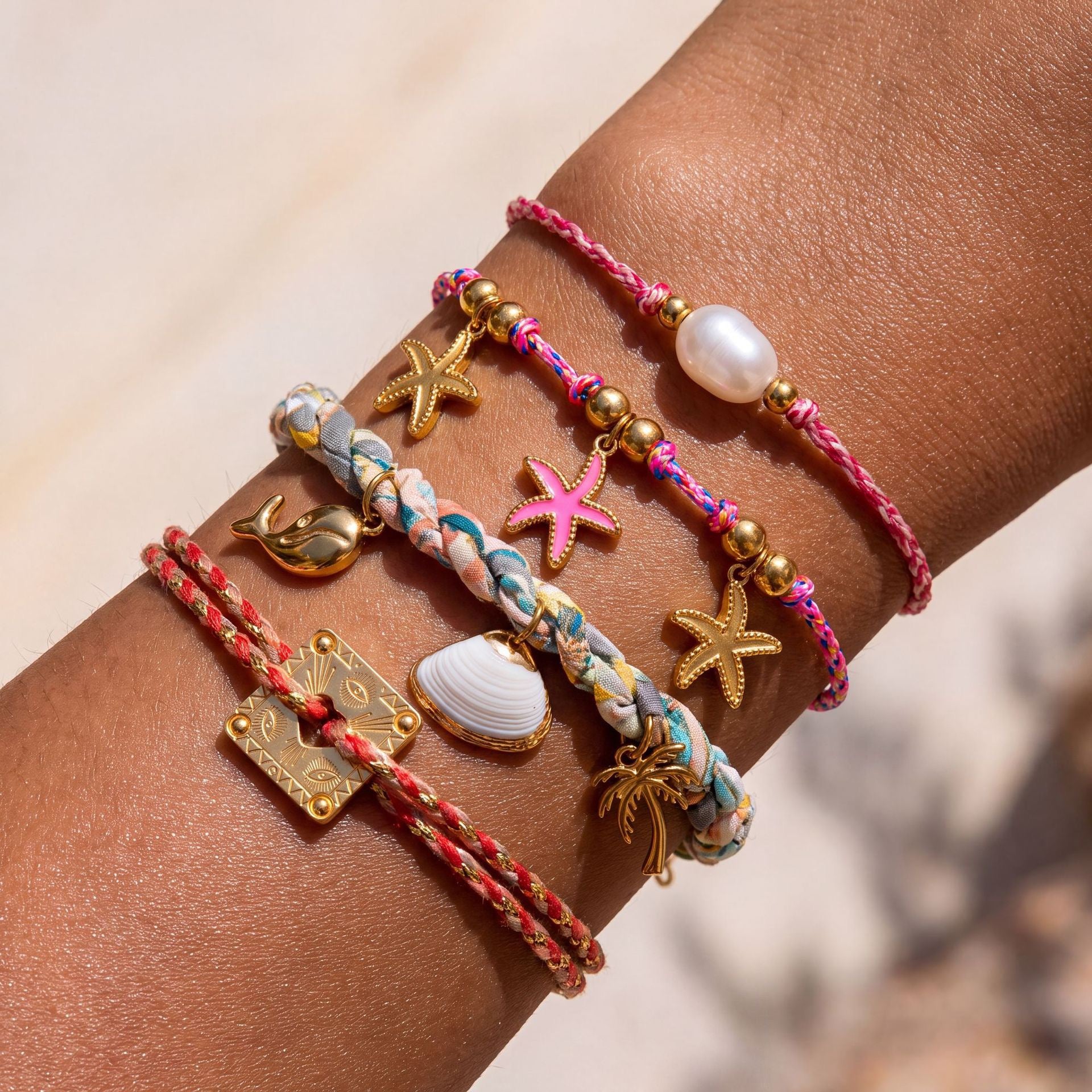 Starfish Dolphin Shell Palm Tree Pearl Woven Cord Bracelet – Gold-Plated | Resort Style