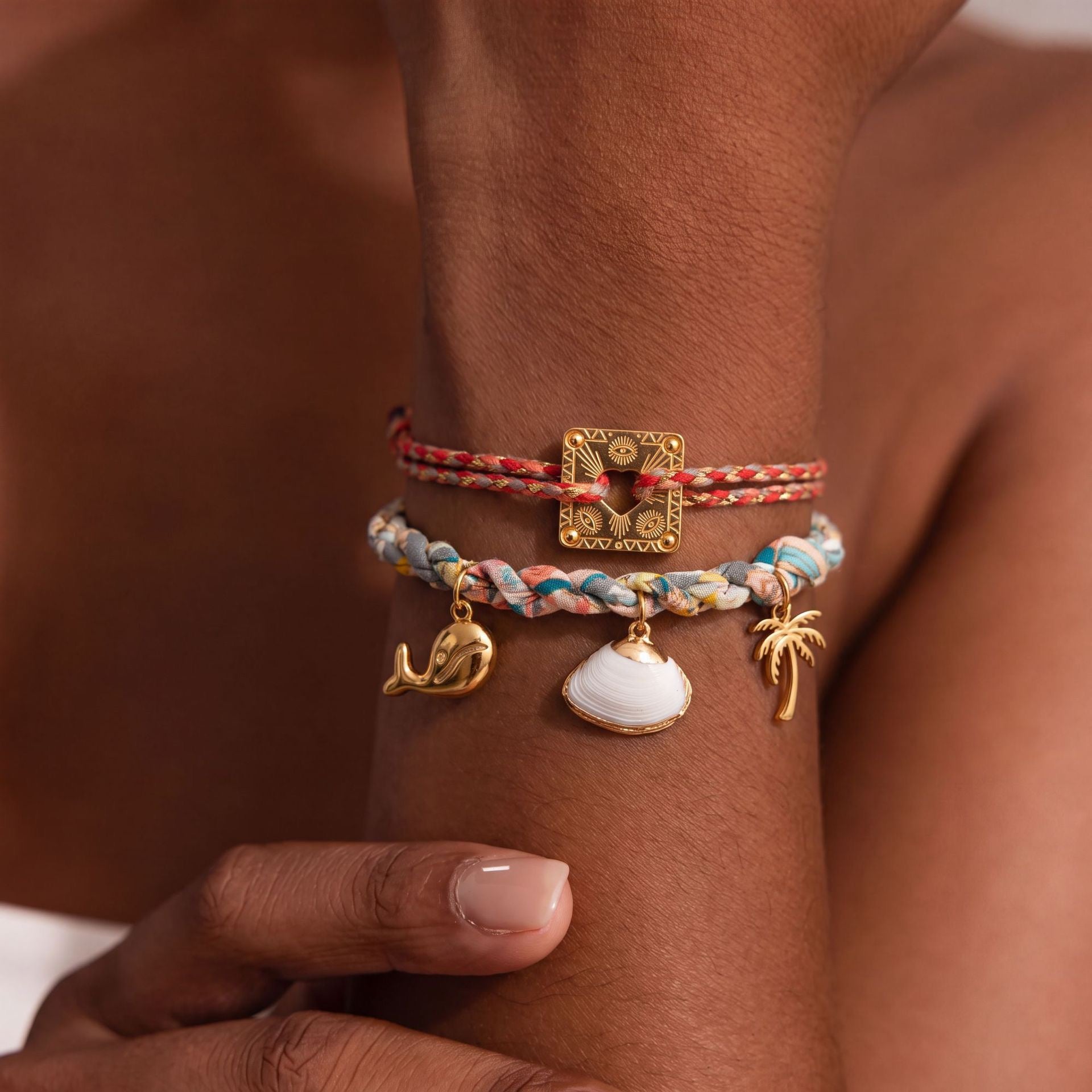 Starfish Dolphin Shell Palm Tree Pearl Woven Cord Bracelet – Gold-Plated | Resort Style