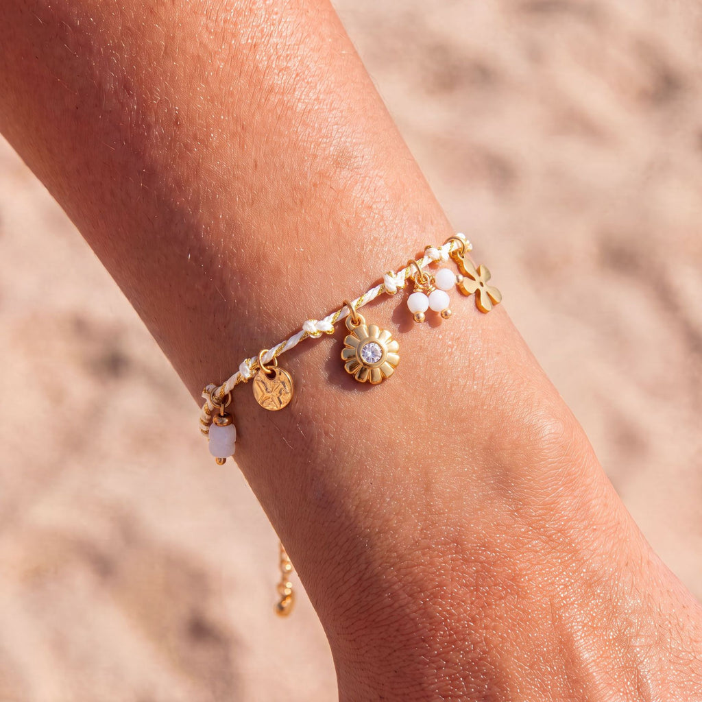 Starfish Dolphin Shell Palm Tree Pearl Woven Cord Bracelet – Gold-Plated | Resort Style