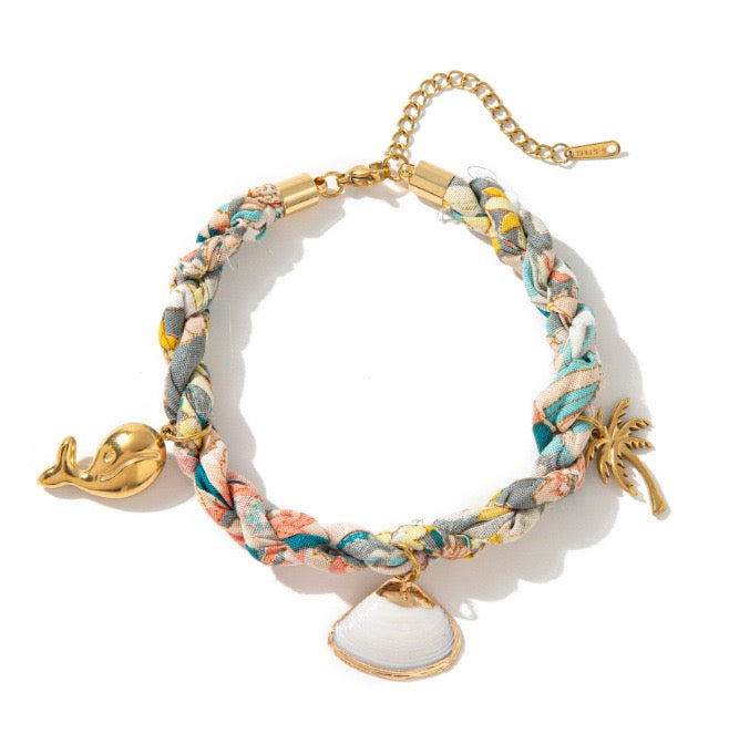Starfish Dolphin Shell Palm Tree Pearl Woven Cord Bracelet – Gold-Plated | Resort Style
