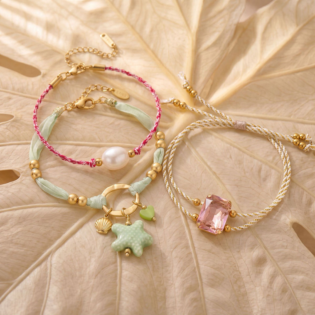 Starfish Dolphin Shell Palm Tree Pearl Woven Cord Bracelet – Gold-Plated | Resort Style