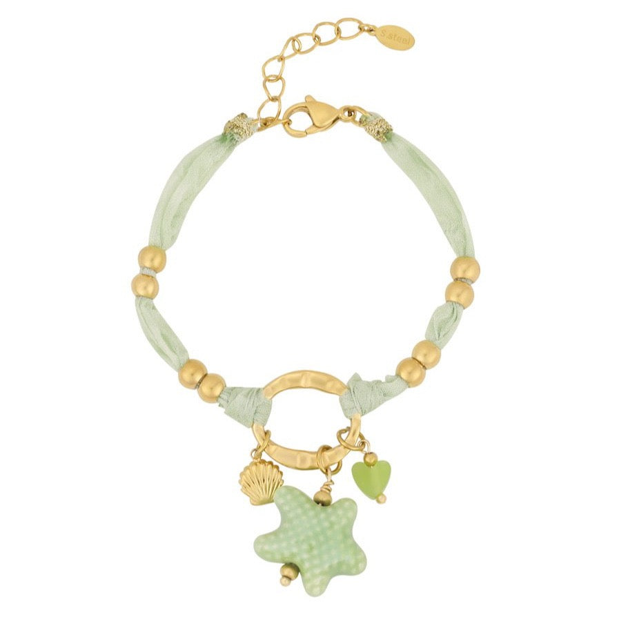 Starfish Dolphin Shell Palm Tree Pearl Woven Cord Bracelet – Gold-Plated | Resort Style