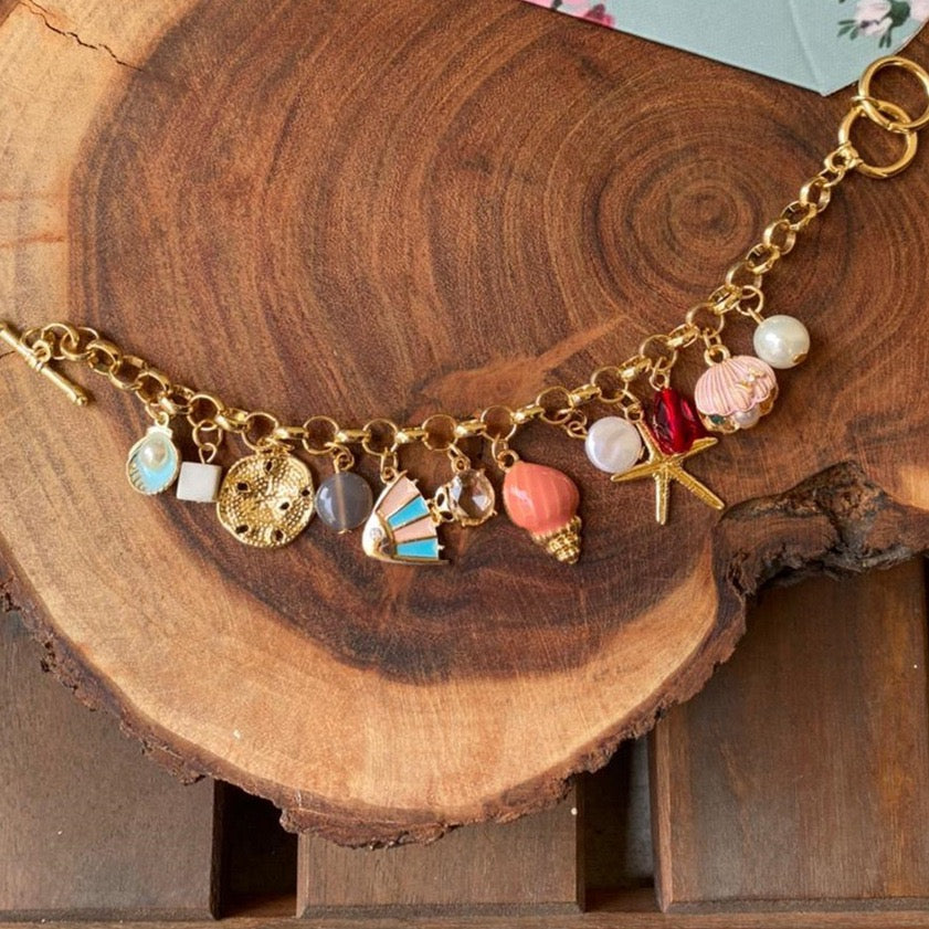 Colourful Summer Beach Series – DIY Pearl & Shell Ocean Charm Pendant Necklace, Gold-Plated Colour-Retaining