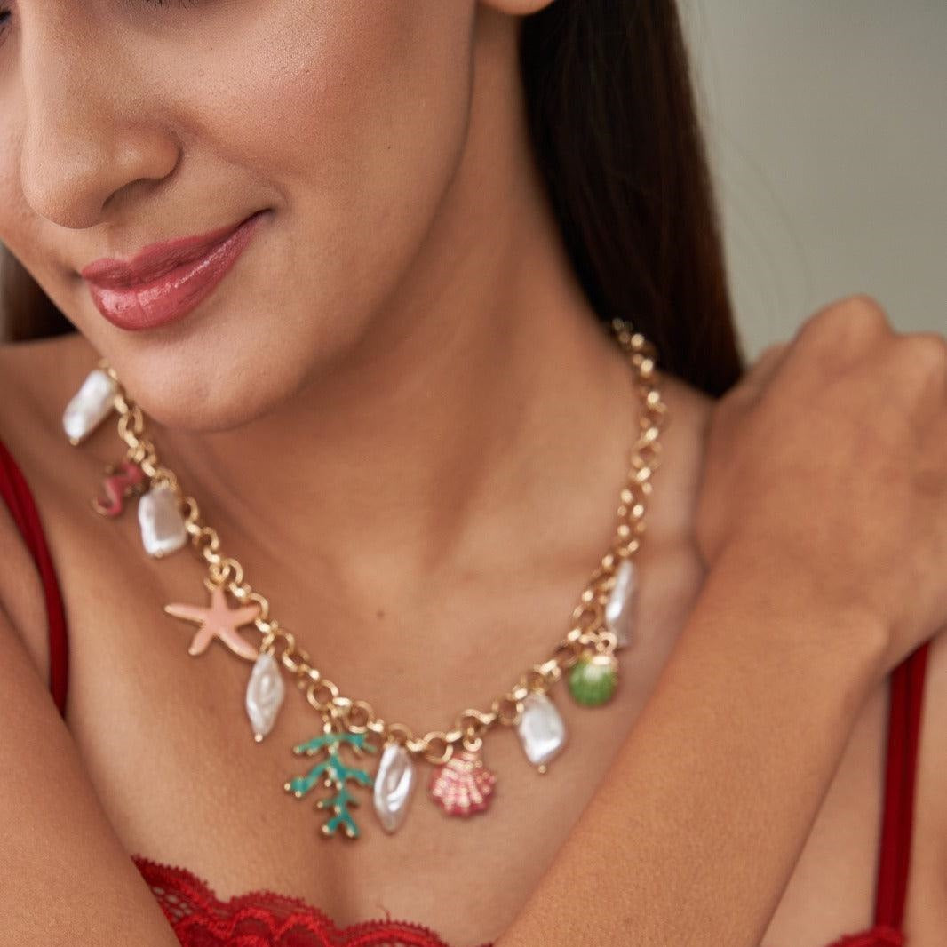 Colourful Summer Beach Series – DIY Pearl & Shell Ocean Charm Pendant Necklace, Gold-Plated Colour-Retaining