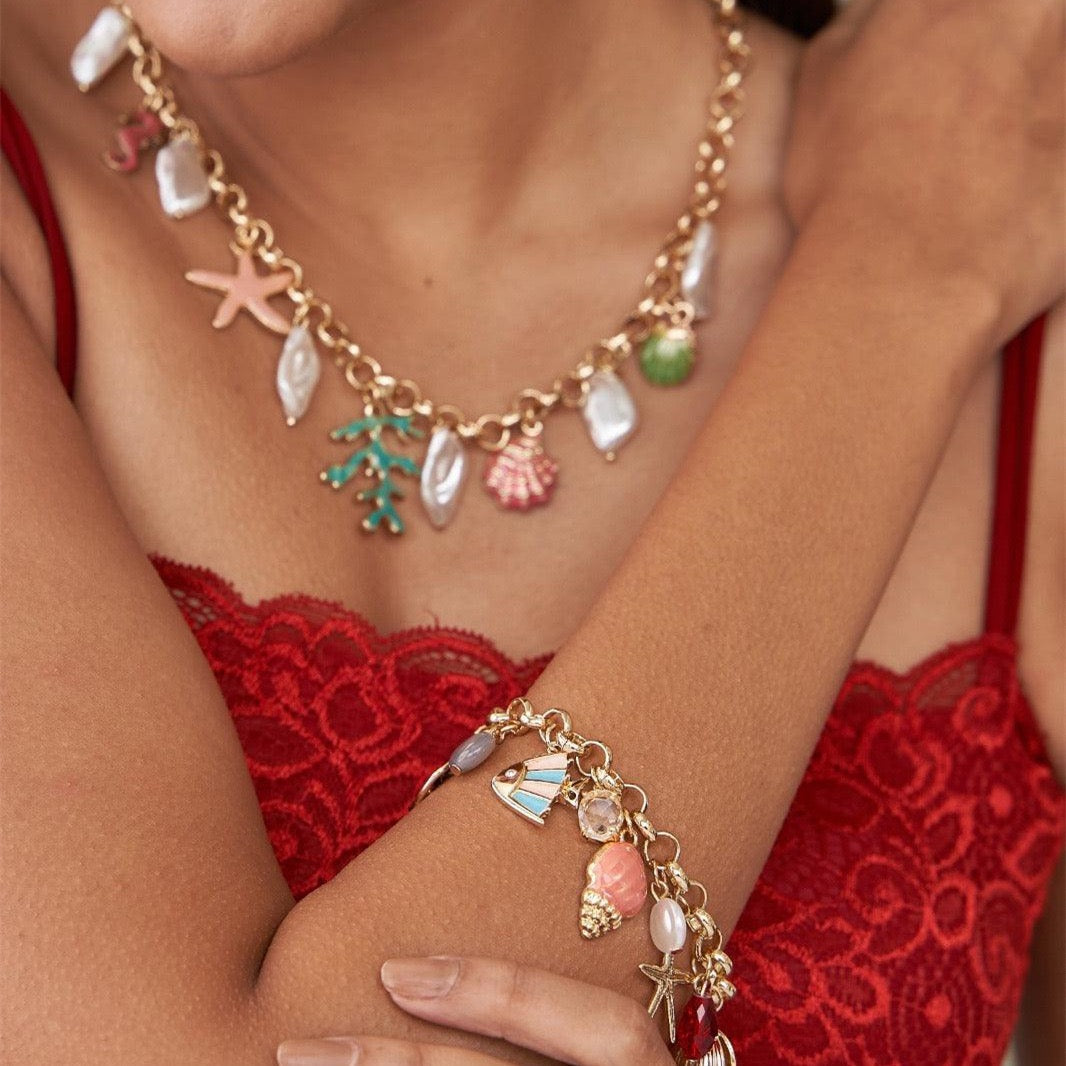 Colourful Summer Beach Series – DIY Pearl & Shell Ocean Charm Pendant Necklace, Gold-Plated Colour-Retaining