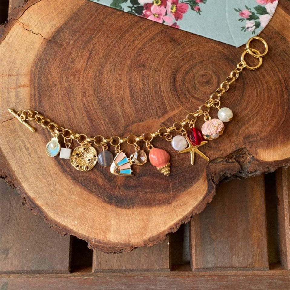 Colourful Summer Beach Series – DIY Pearl & Shell Ocean Charm Pendant Necklace, Gold-Plated Colour-Retaining